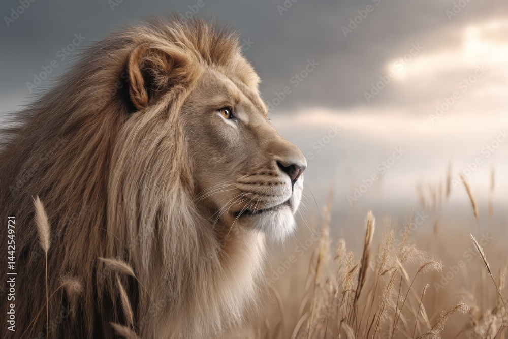 Fototapeta premium The Majestic Lion Observing Its Golden Savannah Habitat Surrounded by Tall Grasses