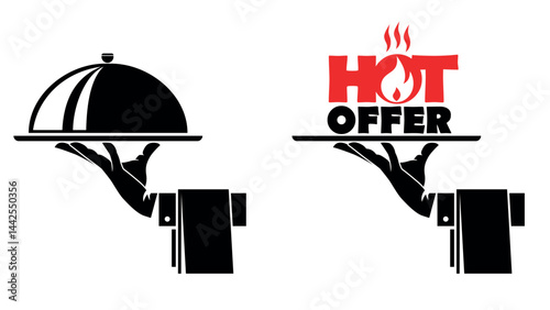 Waiter hand holding cloche serving plate, hot offer. Vector icons set on transparent background 