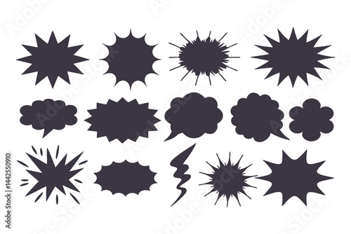 Black Comic Explosion and Speech Bubble Vector Shapes. Starburst Silhouettes for Graphic Design, Comic Book Art, Pop Art, and Digital Illustration.
