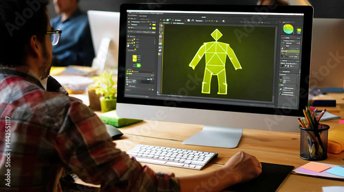man graphic artist working in office and programming work with a screen in front of him