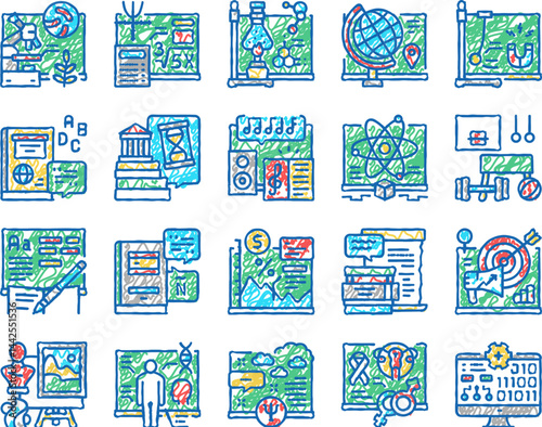 School Subjects Learn set Icons hand drawn