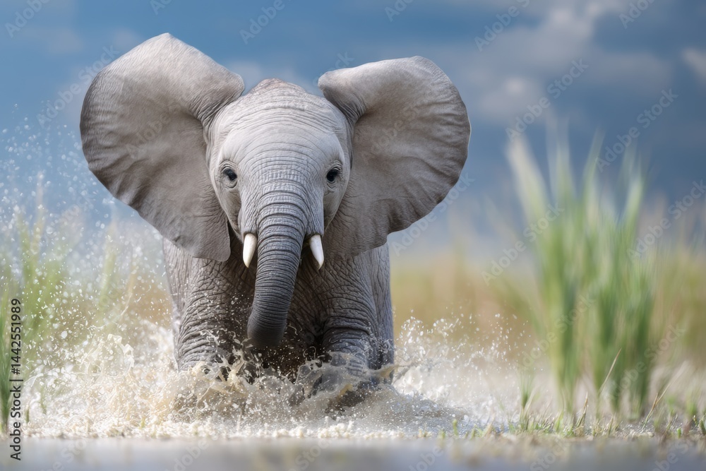 Naklejka premium An Endearing Baby Elephant Playfully Splashing in a Muddy Waterhole Under a Bright Sky
