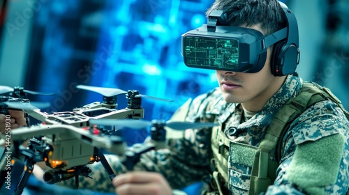 The army, intelligence, cyber technology, and the future are represented by a soldier controlling a modern drone with futuristic VR glasses and a man in a military uniform operating a flying spy