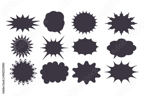Black Comic Explosion and Speech Bubble Vector Shapes. Starburst Silhouettes for Graphic Design, Comic Book Art, Pop Art, and Digital Illustration.