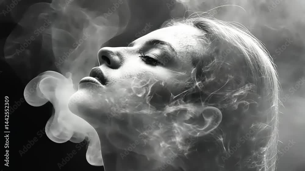 Monochrome portrait of pensive woman enveloped in wisps of ethereal smoke Monochrome portrait of pensive woman enveloped in wisps of ethereal smoke