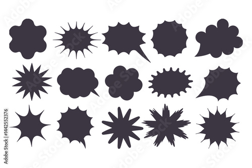 Black Comic Explosion and Speech Bubble Vector Shapes. Starburst Silhouettes for Graphic Design, Comic Book Art, Pop Art, and Digital Illustration.