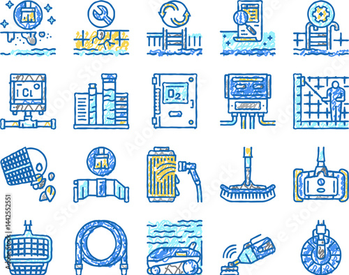 Pool Cleaning Service set Icons hand drawn