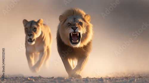 Angry lion and lioness running in the wild nature safari animal wildlife predator big cat feline mammal