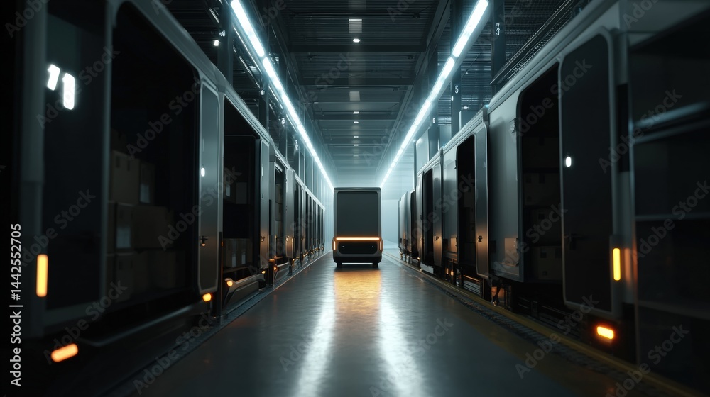 Fototapeta premium Modern Warehouse With Autonomous Delivery Robots and Packages in Storage