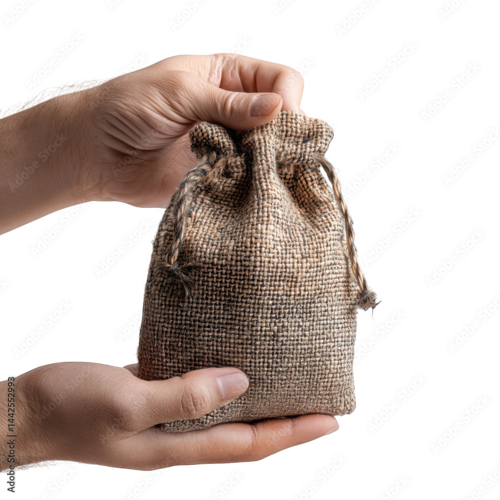 Obraz premium Close Up of Hands Gently Holding a Small Brown Bag Against a Transparent Background