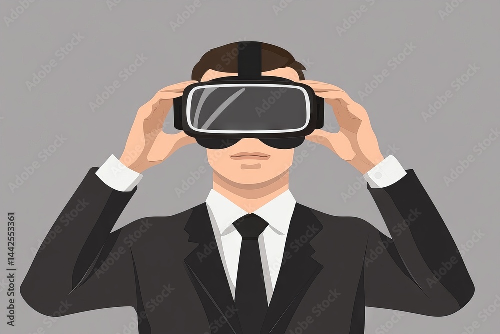 A smart project manager, dressed in a suit, is shown removing VR glasses in front of a white background, while holding virtual reality goggles and a headset, illustrating the concept of innovation A smart project manager, dressed in a suit, is shown removing VR glasses in front of a white background, while holding virtual reality goggles and a headset, illustrating the concept of innovation