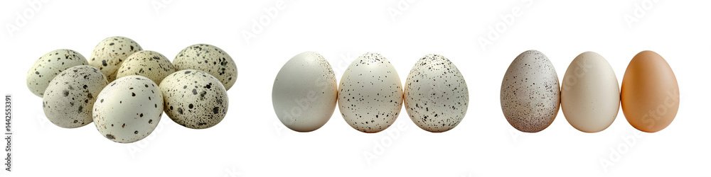 Fototapeta premium Collection of quail eggs and chicken eggs in various shades and patterns, isolated on a transparent background.
