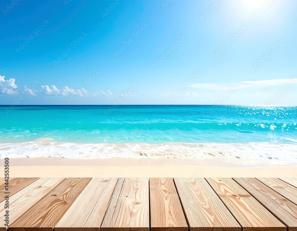 Fototapeta premium Wooden planks overlooking a tranquil turquoise ocean beach under a sunny blue sky. Perfect for summer, vacation, travel, and product displays.