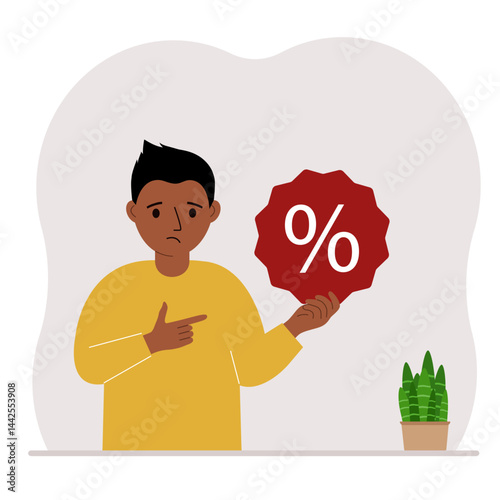 A small child holds a percent sign in his hand. The concept of percentage, discount, promotion for training or shopping. Vector flat illustration