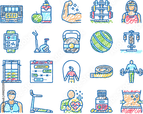 Fitness Health Athlete Training Icons hand drawn