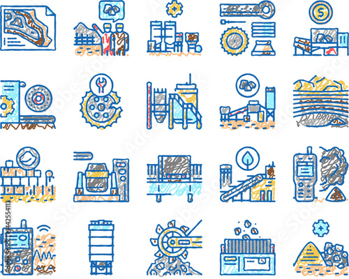 Quarry Mining Industrial Process Icons hand drawn
