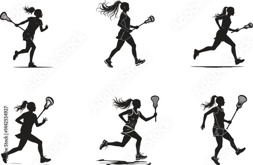 Silhouette lacrosse female player set. sport, athlete, team, competition. vector illustration