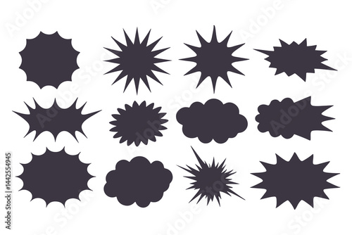 Black Comic Explosion and Speech Bubble Vector Shapes. Starburst Silhouettes for Graphic Design, Comic Book Art, Pop Art, and Digital Illustration.