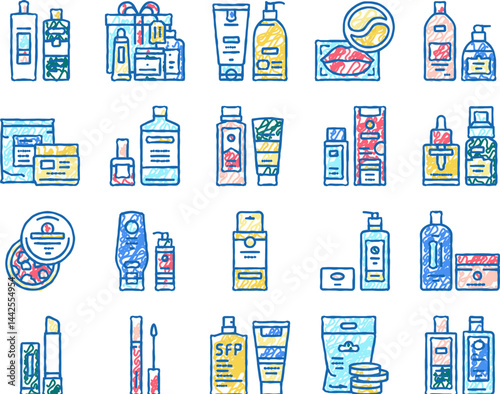 Cosmetics Package Beauty Product Icons hand drawn