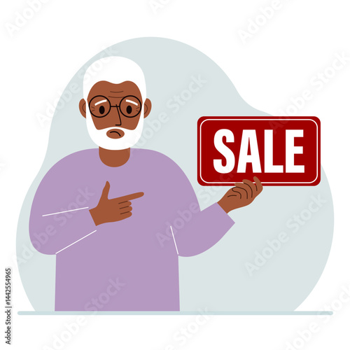 A man holds a banner with the text sale. Points a finger at the text. The concept of a discount, a special offer in a store or a bank, an advertising flyer. Vector flat illustration