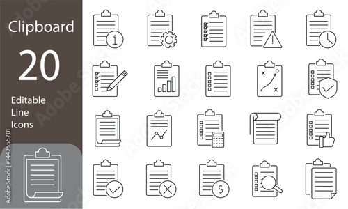 Clipboard Editable Line Icons Set. Clipboard, checklist, report, survey or agreement editable stroke outline icons set isolated on transparent background. vector illustration