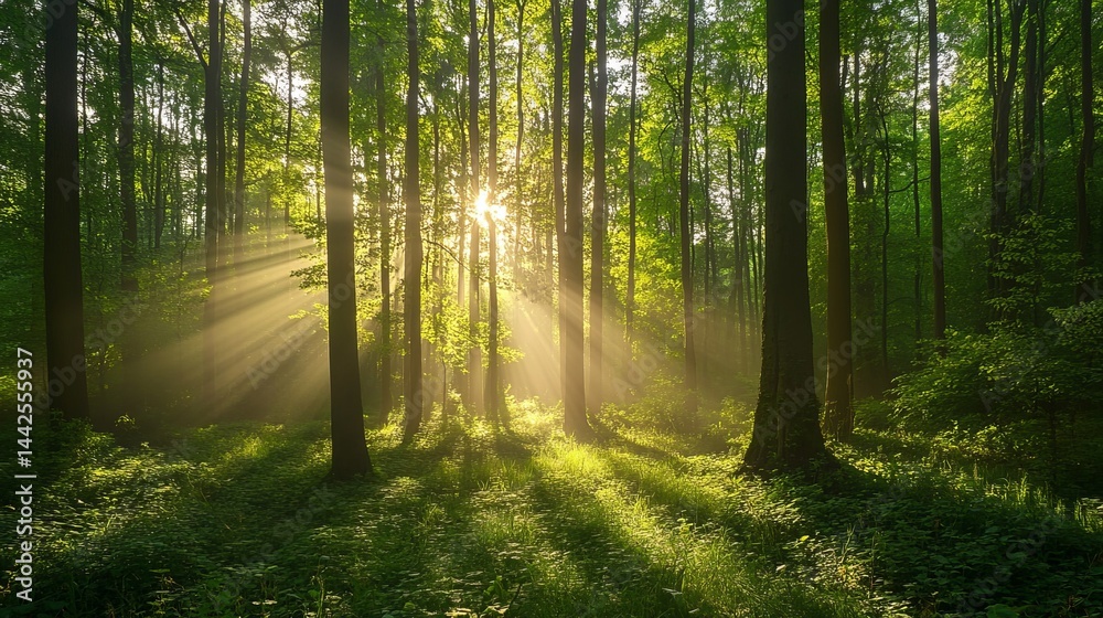 Obraz premium Magical sunrise beams in lush green forest sunlight rays illuminate tranquil nature scene fog calm