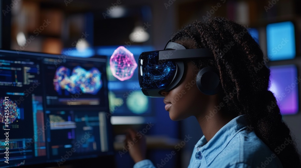 A student is utilizing a VR headset to delve into a virtual science laboratory, highlighting technology's significance in immersive educational experiences A student is utilizing a VR headset to delve into a virtual science laboratory, highlighting technology's significance in immersive educational experiences