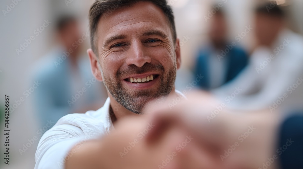 Business partners are shown shaking hands after reaching a successful agreement in an office setting Business partners are shown shaking hands after reaching a successful agreement in an office setting