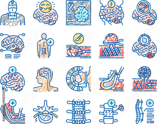 Neurosurgery Medical Treatment Icons hand drawn
