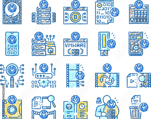 Data Recovery Computer Processing Icons hand drawn