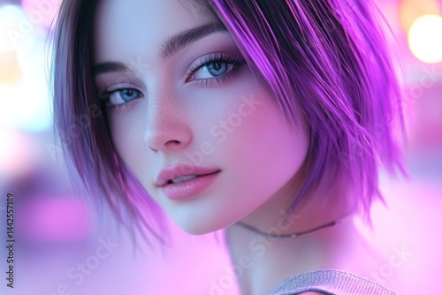 Close up of a woman with bright purple hair