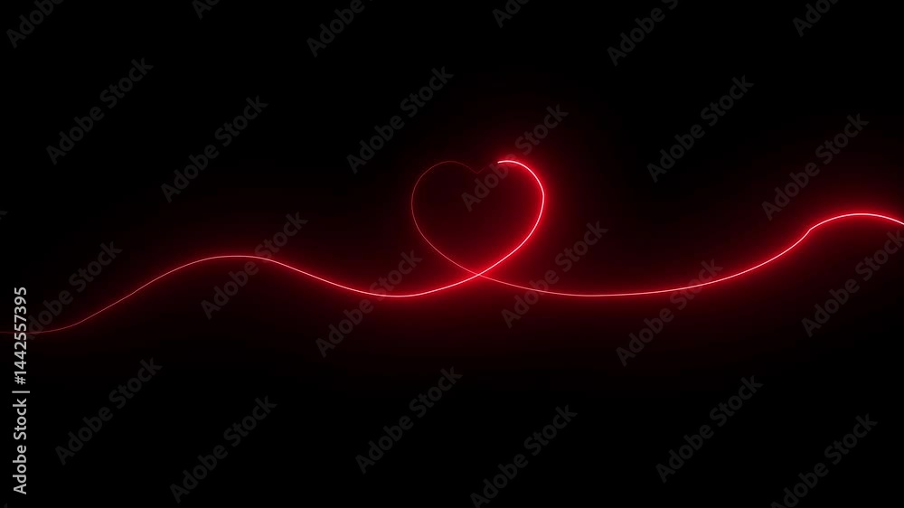 Red color  neon glowing one  love hearts. Valentine's Day indicate. Love One line drawing concept . symbol valentine wedding Heart Particles Seamless Loop Animation on black background..