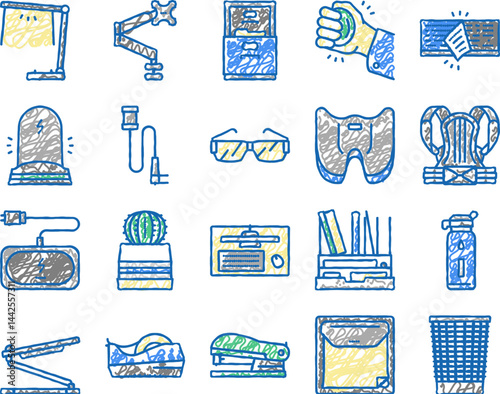 Workplace Accessories And Tools Icons hand drawn