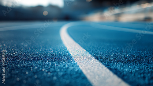 Blue running track surface background texture with white line for athletic competition concept design