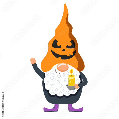 Funny halloween gnome cartoon on white background with pumpkin hat and beard with candle ready for autumn holiday event celebration