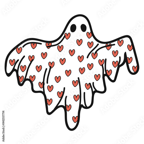 White cartoon ghost character with small red hearts on it.  Fun halloween illustration or valentine decor.