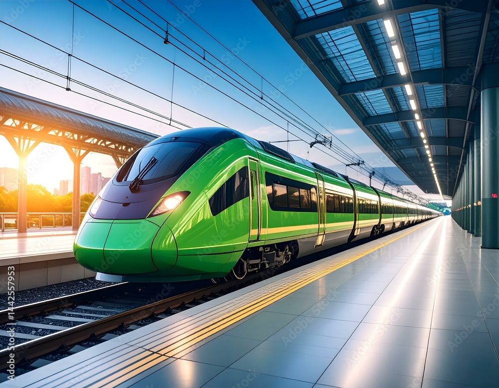 Fototapeta premium Modern green high-speed train arriving at a modern train station platform at sunset.