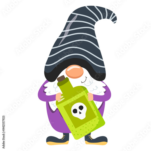 Halloween gnome holding bottle with skull label.  Isolated design element for greeting card