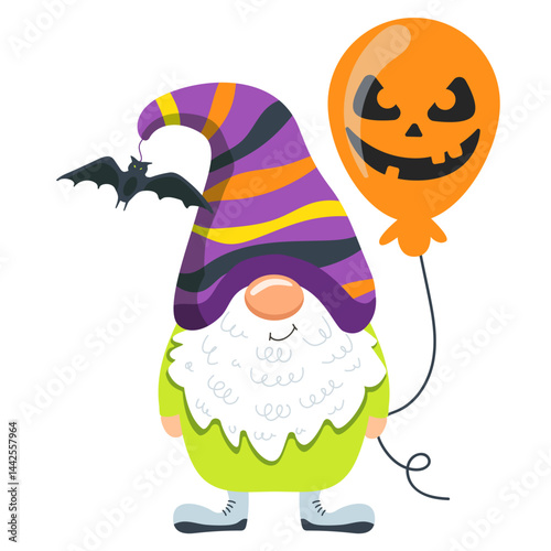 Cute gnome for halloween with balloon. Cartoon gnome  on white background