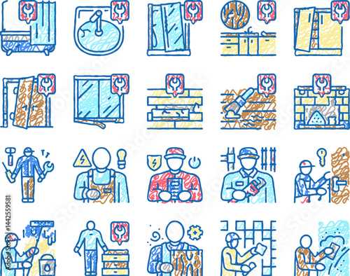 Repair Furniture And Building Icons hand drawn