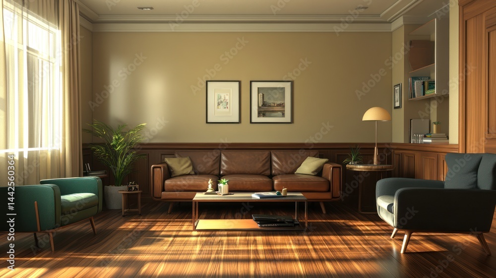 Fototapeta premium Sunlit living room, leather sofa, wood floor, calm atmosphere, home interior design