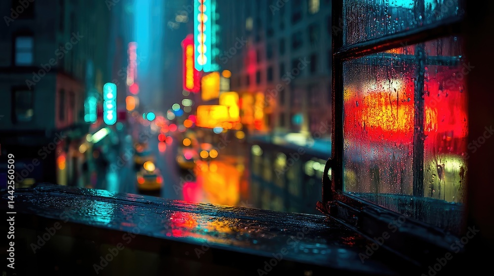 Fototapeta premium Raindrop on a window with cityscape texture and sad atmosphere concept. Vibrant city lights shining through a rainy window at night.