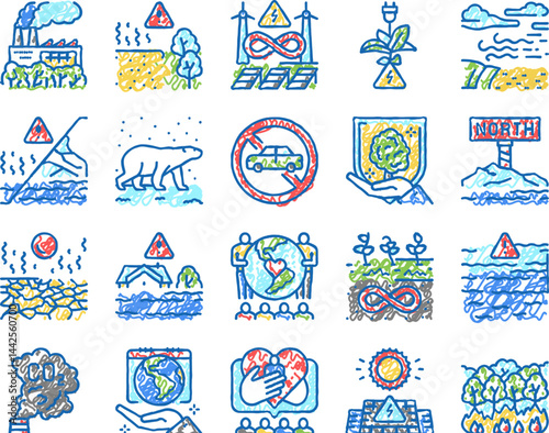 Climate Change And Eco Problem Icons hand drawn