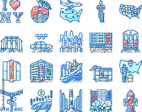 New York American City Landmarks Icons hand drawn