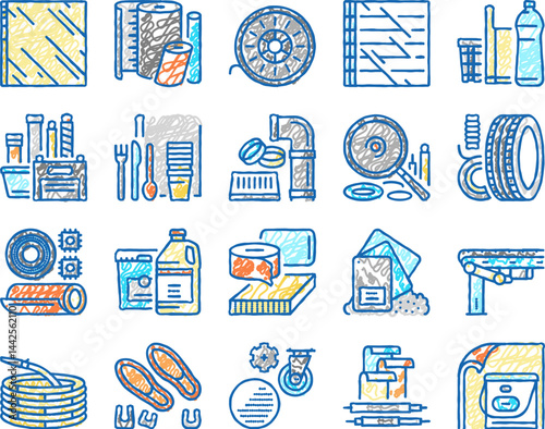 Polymer Material Industry Goods Icons hand drawn