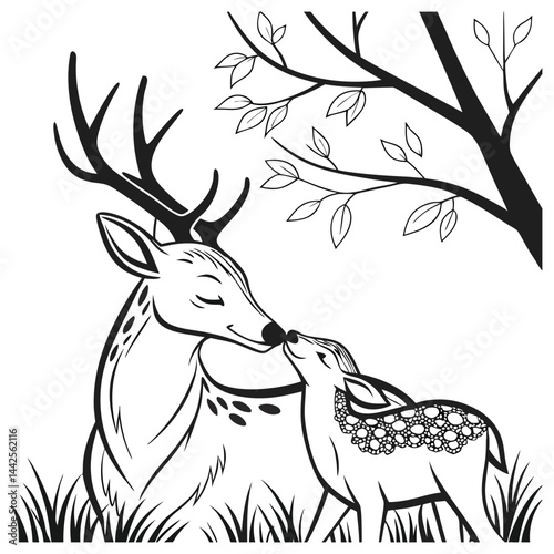 Black and White Line Art of a Mother Deer and Fawn in a Peaceful Forest Setting