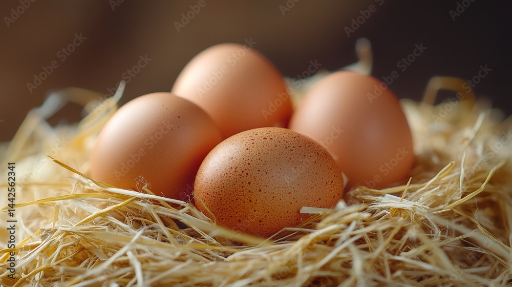 Fresh brown eggs nestling in a bed of straw Fresh brown eggs nestling in a bed of straw