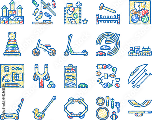 Wooden Toy For Children Play Time Icons hand drawn