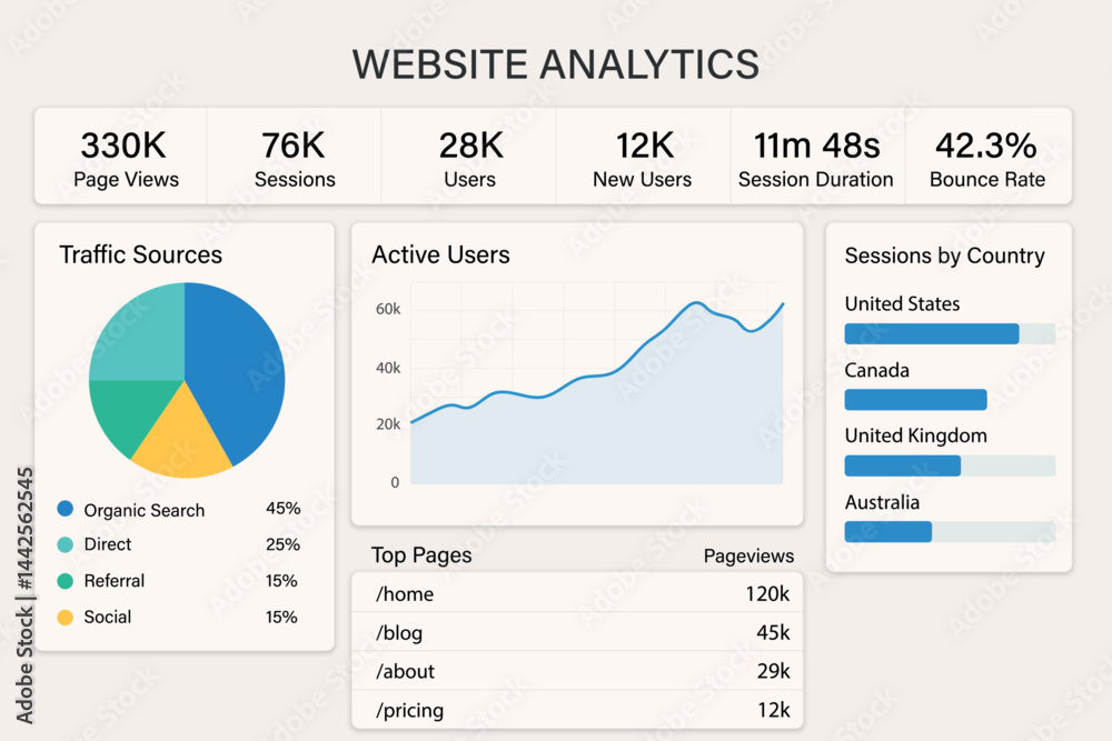 Website Analytics Dashboard Displaying Traffic Sources and Trends