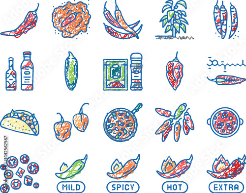Chili Spicy Natural Vegetable Icons hand drawn